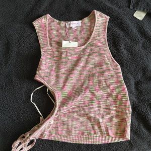 Pink green white mix half cut stomach shirt